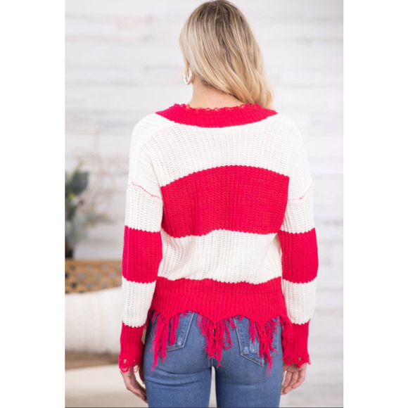 Women's Adora Red & White Striped V-Neck Sweater Fringe trim size L - Picture 4 of 4